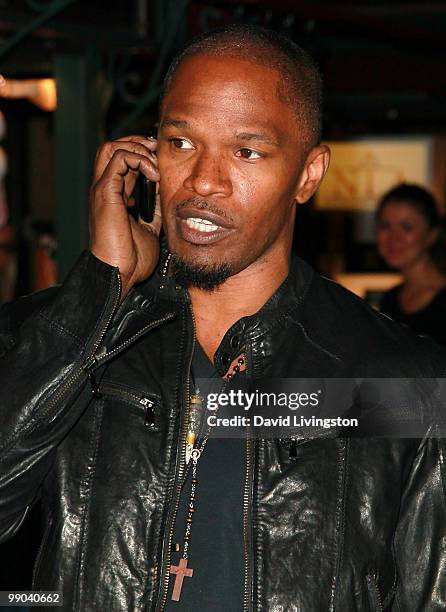 Actor Jamie Foxx is seen leaving a signing for Victoria Rowell's book "Secrets of a Soap Opera Diva" at Barnes & Noble Booksellers at The Grove on...