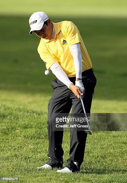 Andres Romero of Argentina hits a shot during the third round of the Northern Trust Open at Riviera Country Club on February 6, 2010 in Pacific...