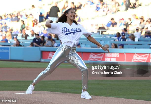 Julissa Bermudez throws out the first pitch at The Los Angeles Dodgers Game at Dodger Stadium on July 2, 2018 in Los Angeles, California.