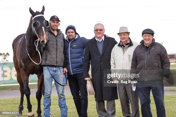 /Connections of h2/ after winning the Charles Rose BM58 Handicap, at Geelong Synthetic Racecourse on July 03, 2018 in Geelong, Australia.