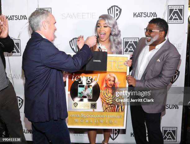 Warner Bros Records co-chairman Tom Corson, Saweetie and Max Gousse attend Saweetie's Birthday Dinner at Katsuya on July 2, 2018 in Los Angeles,...