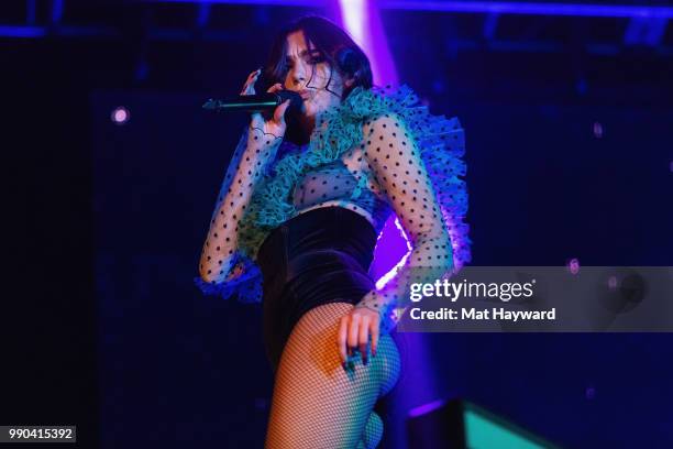 Singer Dua Lipa performs on stage during the Self-Titled Tour at WaMu Theater on July 2, 2018 in Seattle, Washington.