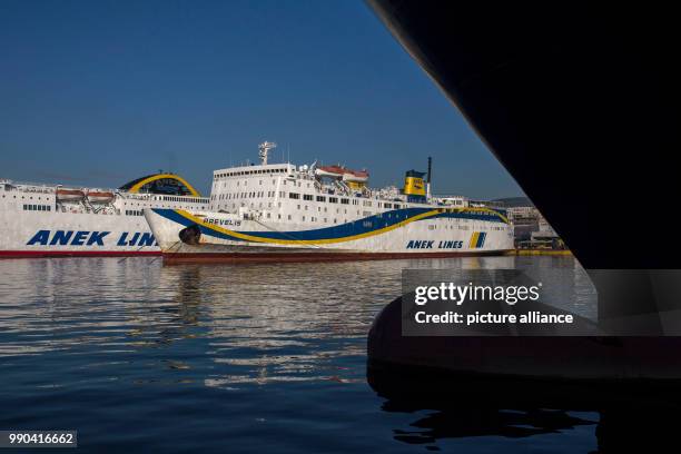 Ferries can be seen at the port of Piraeus, in Athens, Greece, 12 January 2018. Workers protest against the planned reductions of their freedom of...
