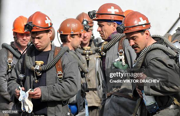 Russian rescuers take part in the rescue operation at Raspadskaya mine in the town of Mezhdurechensk, Kemerovo region of Western Siberia on May 12,...