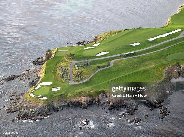 Aerial view of the 6th and 7th hole at the Pebble Beach Golf Links on May 9, 2010 in Pebble Beach, California.