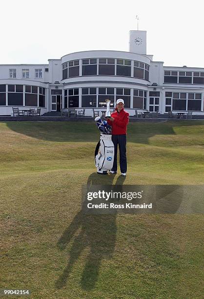 Catriona Matthew of Scotland, the defending champion, poses with the trophy during the 2010 Ricoh Women's British Open Media Day at Royal Birkdale on...