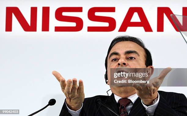 Carlos Ghosn, president and chief executive officer of Nissan Motor Co., speaks during a news conference at the company headquarters in Yokohama,...