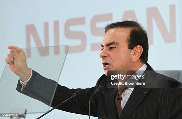 Carlos Ghosn, president and chief executive officer of Nissan Motor Co., speaks during a news conference at the company headquarters in Yokohama,...