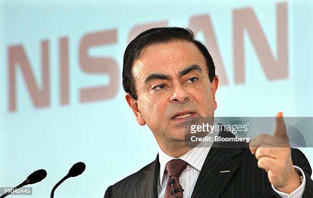Carlos Ghosn, president and chief executive officer of Nissan Motor Co., speaks during a news conference at the company headquarters in Yokohama,...