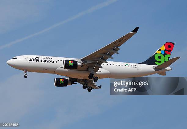 File picture dated September 6, 2009 shows an Afriqiyah Airways Airbus A330-200 approaching Roissy Charles-de-Gaulle airport, outside Paris. An...
