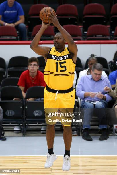 Metta World Peace of Killer 3s shoots the ball during the game against the Ghost Ballers during week two of the BIG3 three on three basketball league...