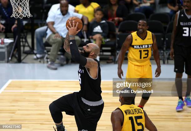 Carlos Boozer of Ghost Ballers shoots against the Killer 3s during week two of the BIG3 three on three basketball league at United Center on June 29,...