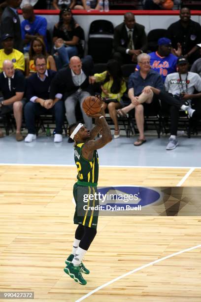 DeShawn Stevenson of Ball Hogs shoots the ball during the game against Tri State during week two of the BIG3 three on three basketball league at...