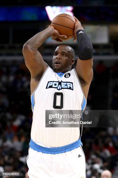 Glen Davis of Power shoots the ball during the game against 3's Company during week two of the BIG3 three on three basketball league at United Center...