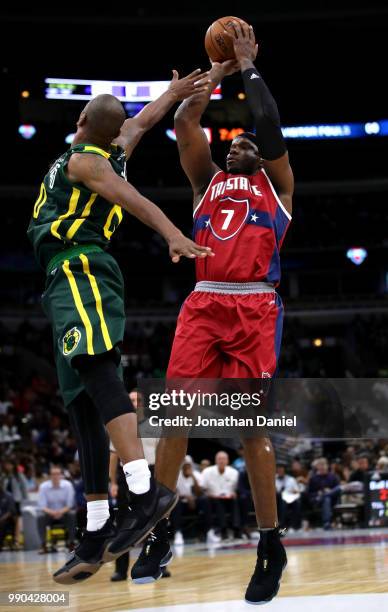 Jermain O'Neal of Tri State shoots against the Ball Hogs during week two of the BIG3 three on three basketball league at United Center on June 29,...