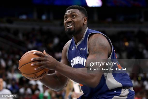 Jason Maxiell of 3's Company controls the ball during the game against Power during week two of the BIG3 three on three basketball league at United...