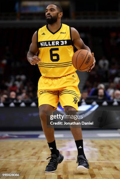 Alan Anderson of Killer 3s controls the ball during the game against the Ghost Ballers during week two of the BIG3 three on three basketball league...