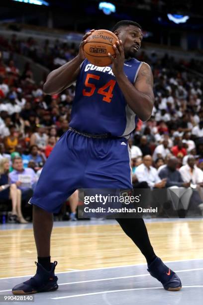 Jason Maxiell of 3's Company grabs a rebound during the game against Power during week two of the BIG3 three on three basketball league at United...