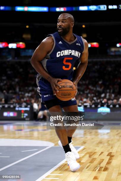 Baron Davis of 3's Company controls the ball during the game against Power during week two of the BIG3 three on three basketball league at United...