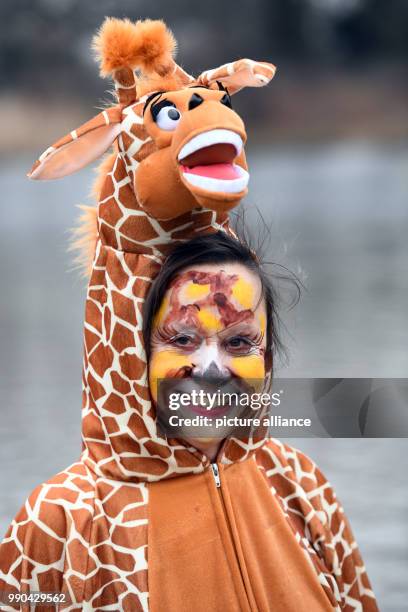 Costumed swimmer of the Berlin Club "Seehunde" stands at the open-air swimming pool Orankesee during the 33rd Winter Swim Ice Carneval in Berlin,...