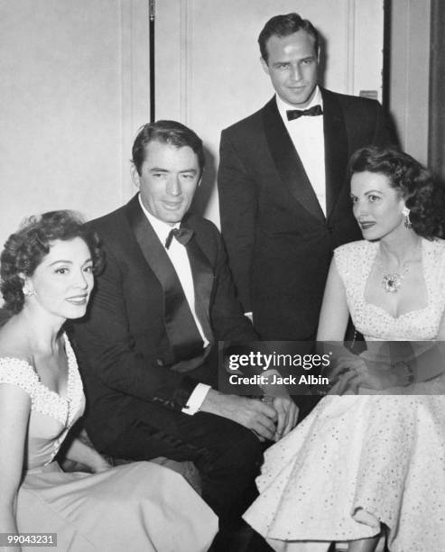 American singer Marguerite Piazza with actors Gregory Peck , Marlon Brando and Maureen O'Hara at the Ambassador Hotel, Los Angeles, California, circa...