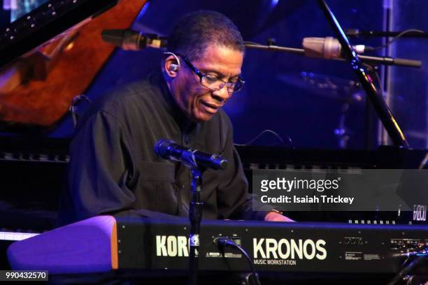 Herbie Hancock perform during the 2018 Montreal International Jazz Festival at Salle Wilfrid-Pelletier, Place des Arts on July 2, 2018 in Montreal,...