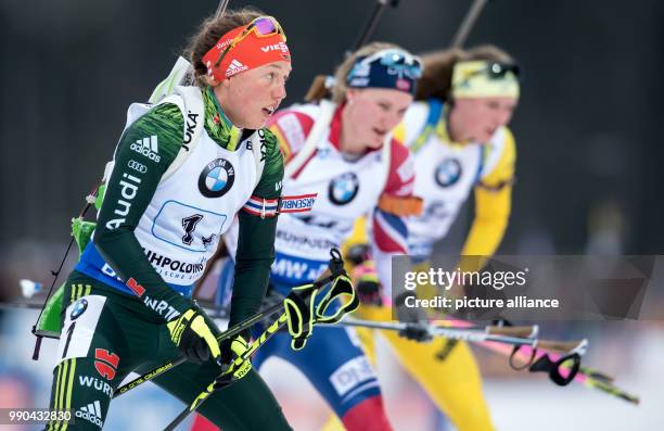 Germany's Laura Dahlmeier races to the shooting range during the women's relay at the Biathlon World Cup in Ruhpolding, Germany, 13 January 2018....