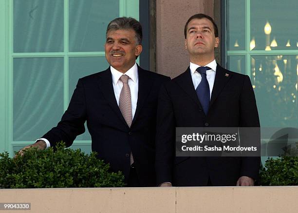 Russian President Dmitry Medvedev and Turkish President Abdullah Gul are seen on a balcony of the presidential palace on May 12, 2010 in Ankara,...