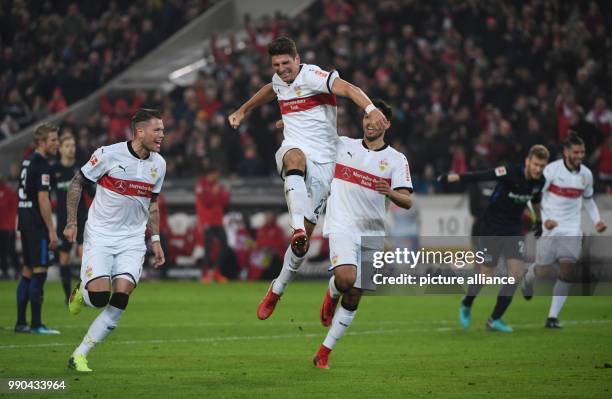 Stuttgart's Mario Gomez , Daniel Ginczek and Berkay Ozcan celebrate after a goal during the German Bundesliga football match between VfB Stuttgart...