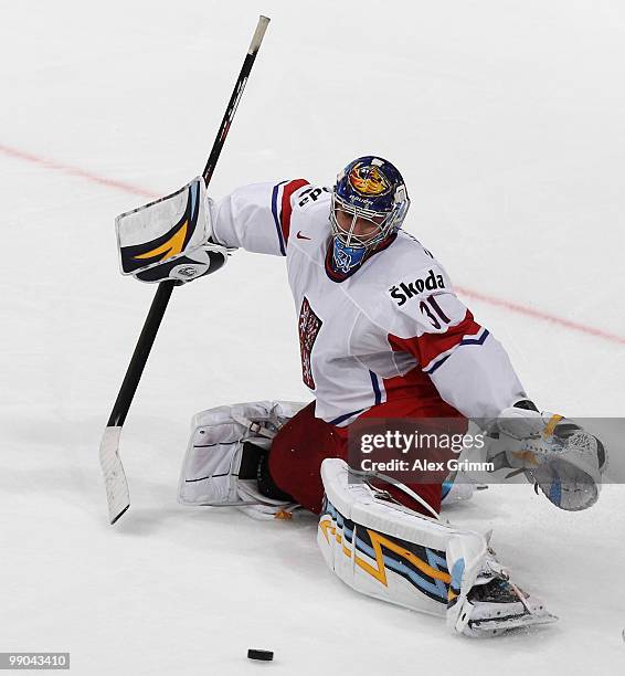 Goalkeeper Ondrej Pavelec of Czech Republic in action during the IIHF World Championship group C match between Czech Republic and Norway at SAP Arena...