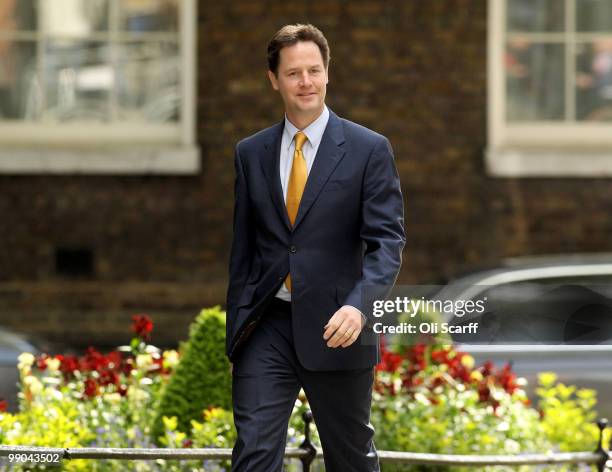 Deputy Prime Minister Nick Clegg arrives in Downing Street on May 12, 2010 in London, England. After five days of negotiation a Conservative and...