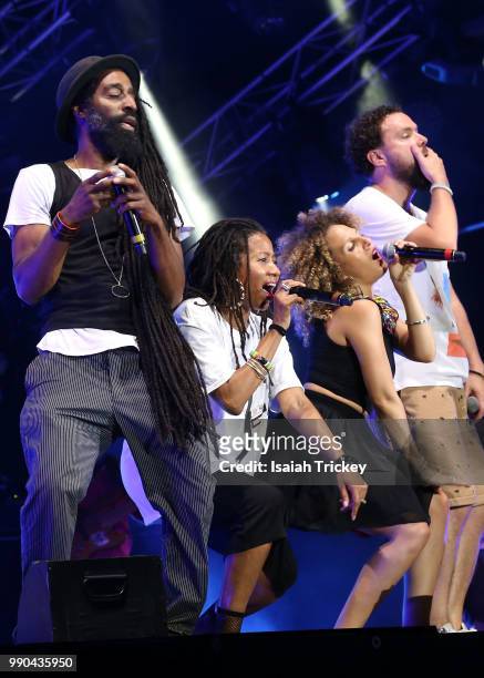 Nomadic Massive perform during the 2018 Montreal International Jazz Festival at TD Stage Place des Festivalson July 2, 2018 in Montreal, Canada.