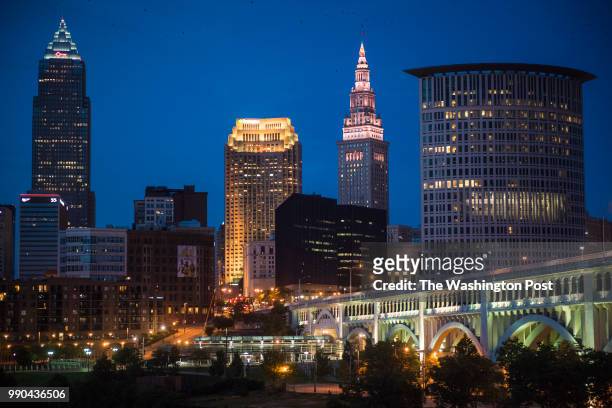 Downtown is seen from the Ohio City neighborhood as the sun sets in Cleveland, Ohio on Friday June 03, 2016. Cleveland, the location for 2016...