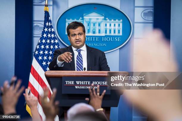 White house Deputy Press Secretary Raj Shah speaks during a briefing the White House on Monday, May 14, 2018 in Washington, DC.
