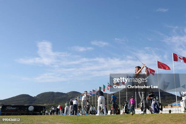 Players warm up on the driving range during the Dubai Duty Free Irish Open Previews at Ballyliffin Golf Club on July 3, 2018 in Donegal, Ireland.