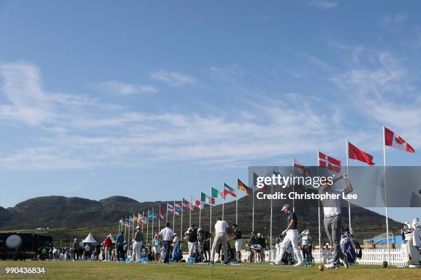 Players warm up on the driving range during the Dubai Duty Free Irish Open Previews at Ballyliffin Golf Club on July 3, 2018 in Donegal, Ireland.