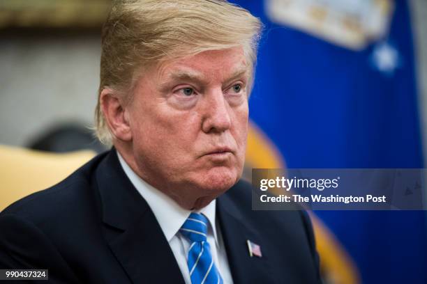 President Donald J. Trump speaks with Mark Rutte, Prime Minister of the Netherlands, during a meeting in the Oval Office of the White House on...