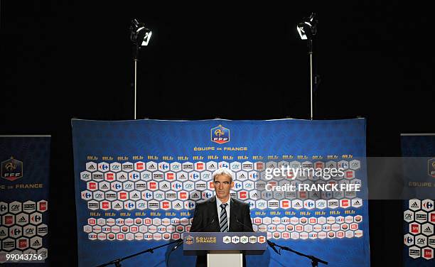 France national football team's coach Raymond Domenech gives a press conference on May 11, 2010 in Paris to announce the team members selected for...