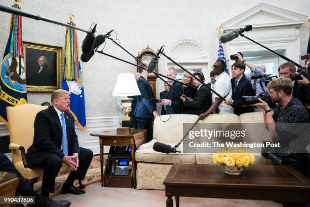 President Donald J. Trump speaks with Mark Rutte, Prime Minister of the Netherlands, during a meeting in the Oval Office of the White House on...