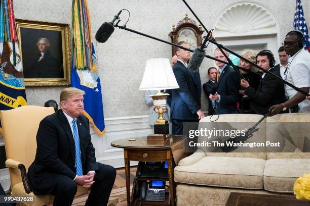 President Donald J. Trump speaks with Mark Rutte, Prime Minister of the Netherlands, during a meeting in the Oval Office of the White House on...