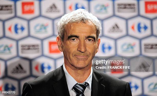 France national football team's coach Raymond Domenech gives a press conference on May 11, 2010 in Paris to announce the team members selected for...