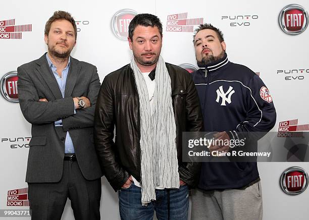 Fun Lovin' Criminals members Brian Leiser, Huey Morgan and Frank Benbini pose backstage during a recording of the 'Evo Music Rooms' for Channel 4, in...