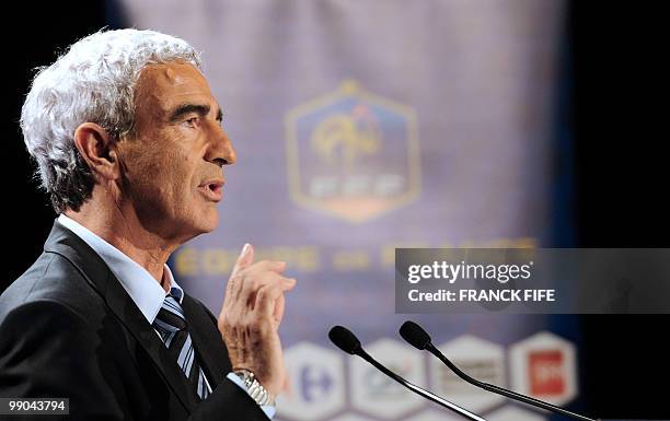 France national football team's coach Raymond Domenech gives a press conference on May 11, 2010 in Paris to announce the team members selected for...