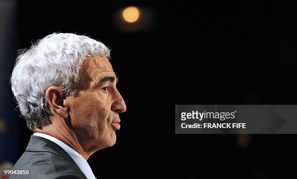 France national football team's coach Raymond Domenech gives a press conference on May 11, 2010 in Paris to announce the team members selected for...