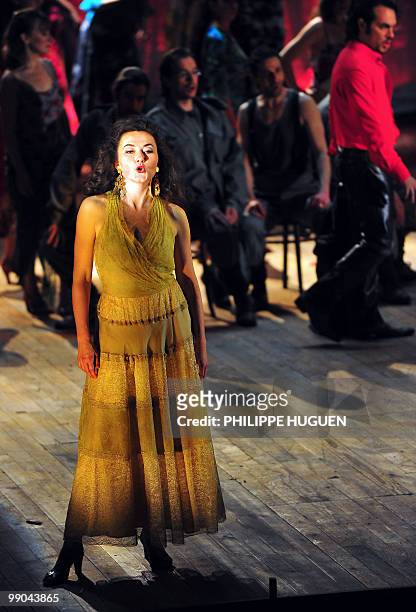 French mezzo-soprano Stephanie d�Oustrac performs "Carmen" by Georges Bizet during a rehearsal on May 7, 2010 at L'Opéra de Lille, northern France....