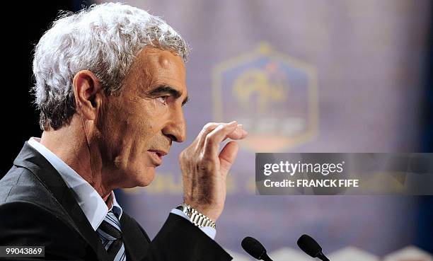 France national football team's coach Raymond Domenech gives a press conference on May 11, 2010 in Paris to announce the team members selected for...