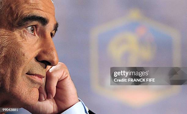 France national football team's coach Raymond Domenech gives a press conference on May 11, 2010 in Paris to announce the team members selected for...