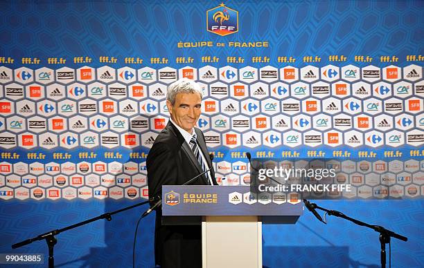 France national football team's coach Raymond Domenech gives a press conference on May 11, 2010 in Paris to announce the team members selected for...