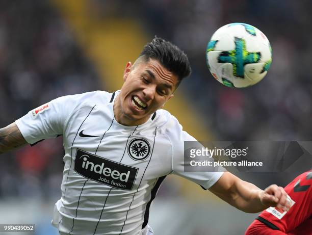 Eintracht Frankfurt's Carlos Salcedo plays a header shot during the match against SC Freiburg in the Commerzbank Arena of Frankfurt, Germany, 13...