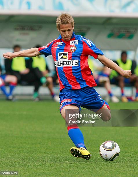 Keisuke Honda of PFC CSKA Moscow shots on goal during the Russian Football League Championship match between PFC CSKA Moscow and FC Terek Grozny at...